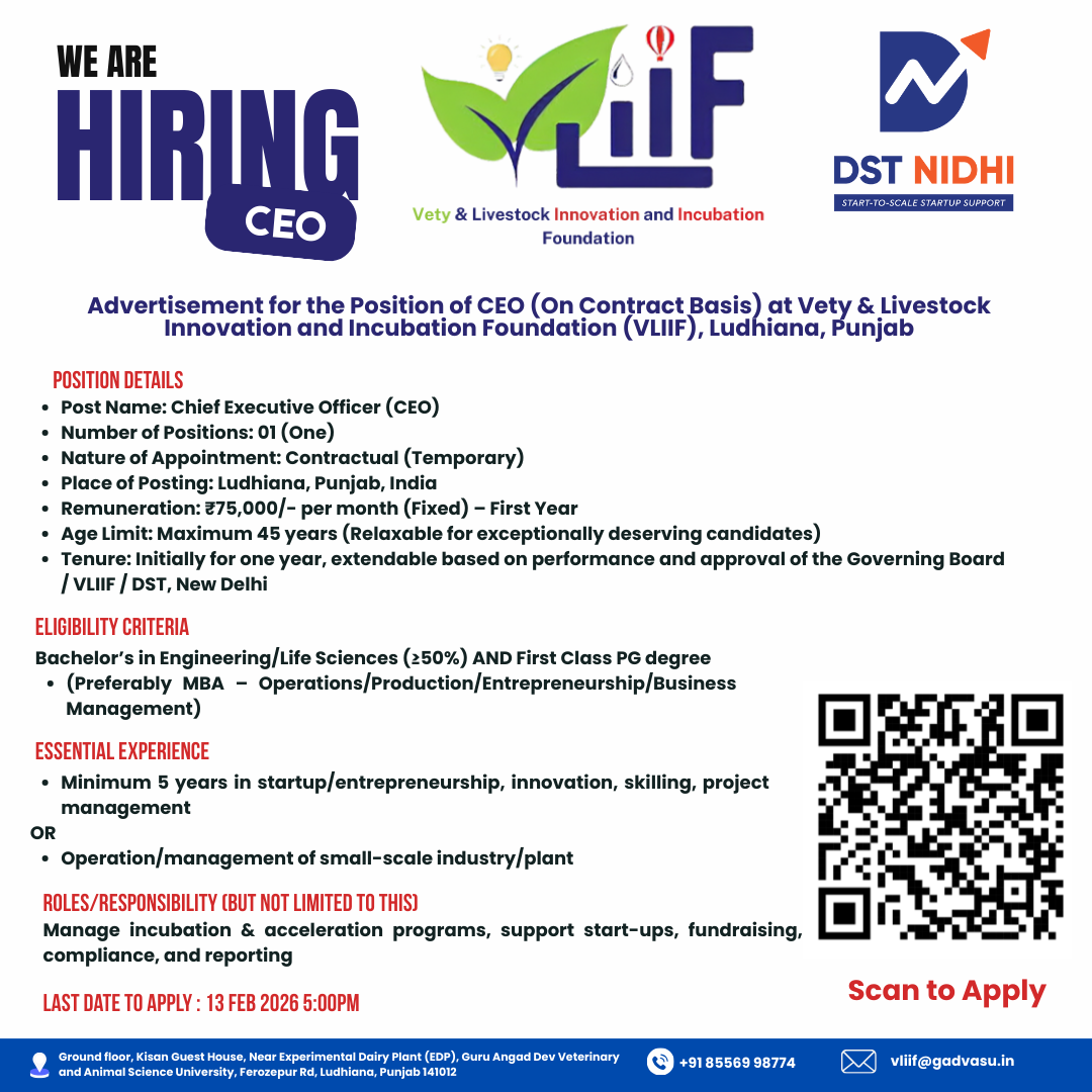 Recruitment for Position of CEO (On Contract Basis) at Vety & Livestock Innovation and Incubation Foundation (VLIIF), Ludhiana, Punjab